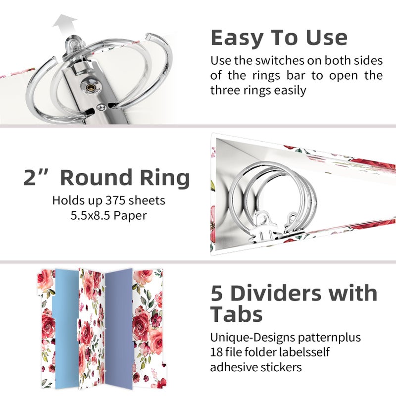 EYROZILL Mini Binder 3 Ring 2 Inch for 5.5"" x 8.5"" Paper with 5-Tab Dividers  A5 Binders with Clipboard for School Office Supplies and Home  Rose - Image 3